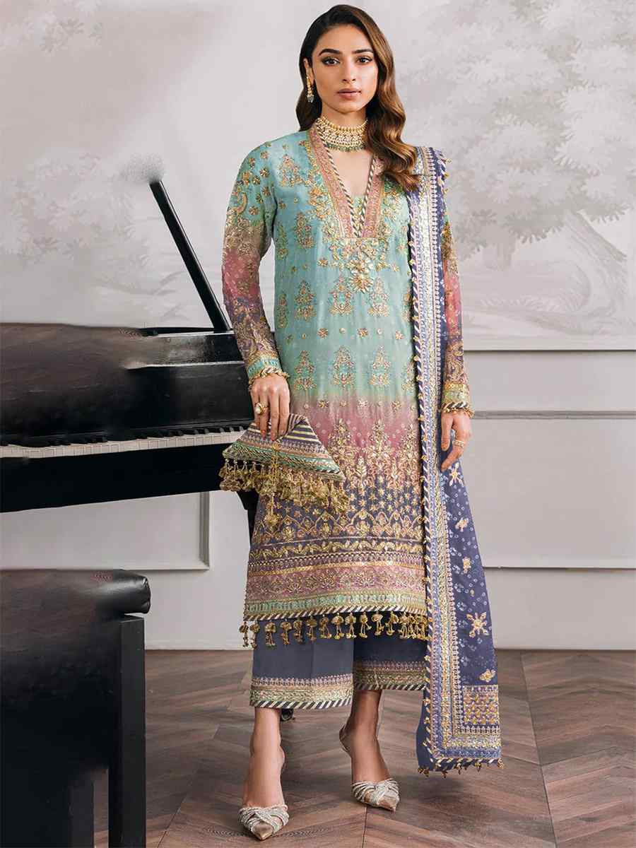 Sea Blue Heavy Faux Georgette Embroidered Festival Casual Pant Salwar Kameez