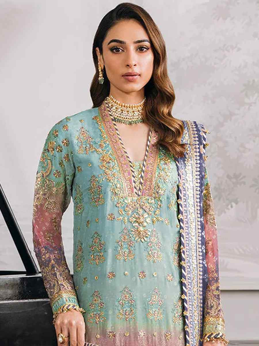 Sea Blue Heavy Faux Georgette Embroidered Festival Casual Pant Salwar Kameez