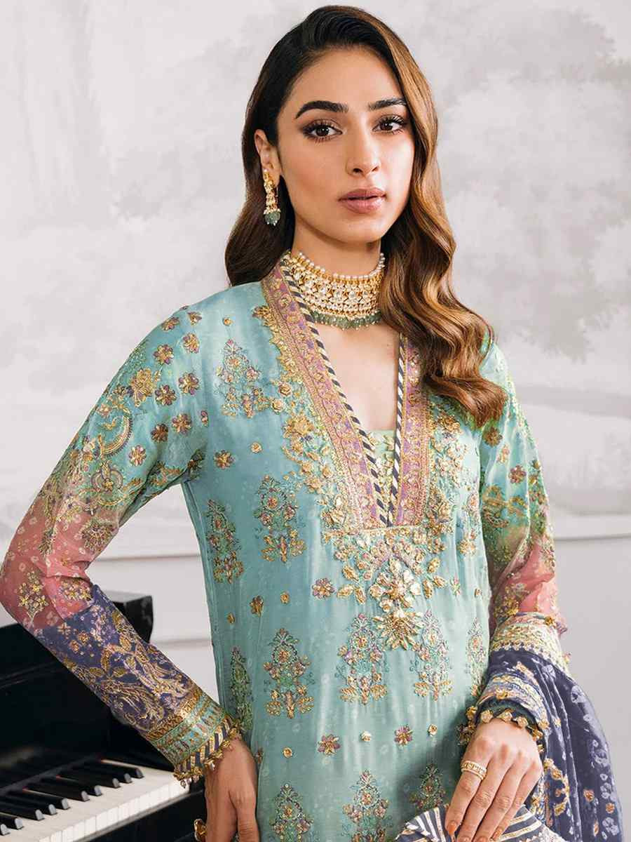 Sea Blue Heavy Faux Georgette Embroidered Festival Casual Pant Salwar Kameez