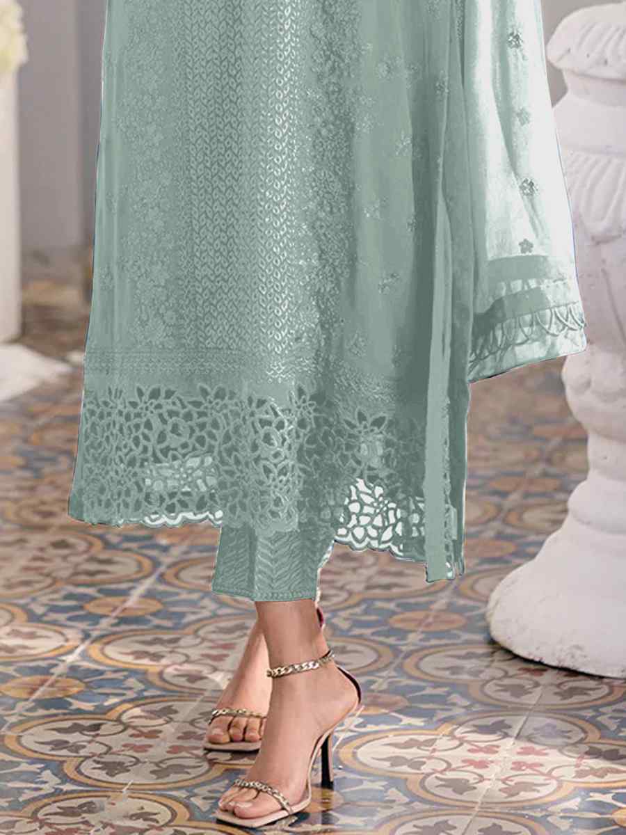 Sea Blue Heavy Faux Georgette Embroidered Festival Mehendi Pant Salwar Kameez