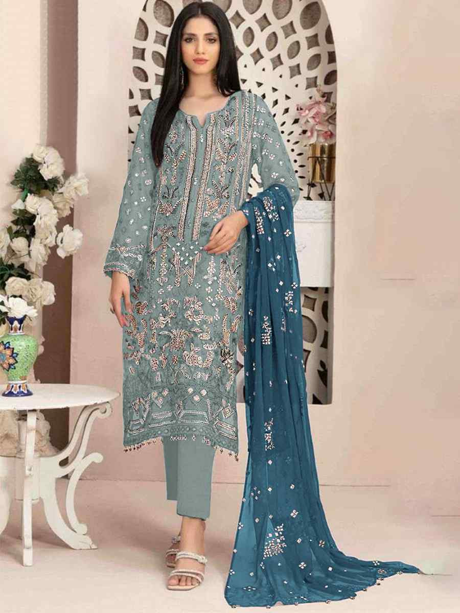 Sea Blue Heavy Faux Georgette Embroidered Festival Wedding Pant Salwar Kameez