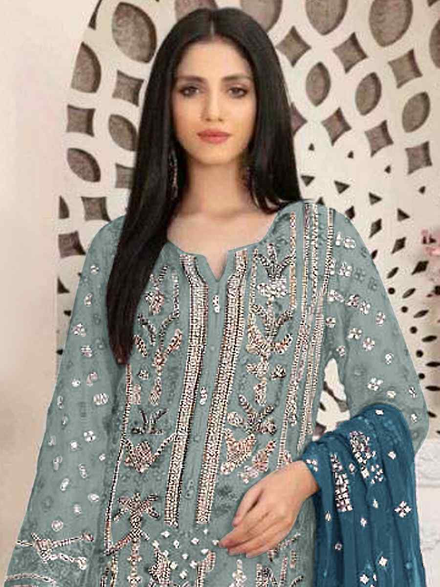 Sea Blue Heavy Faux Georgette Embroidered Festival Wedding Pant Salwar Kameez