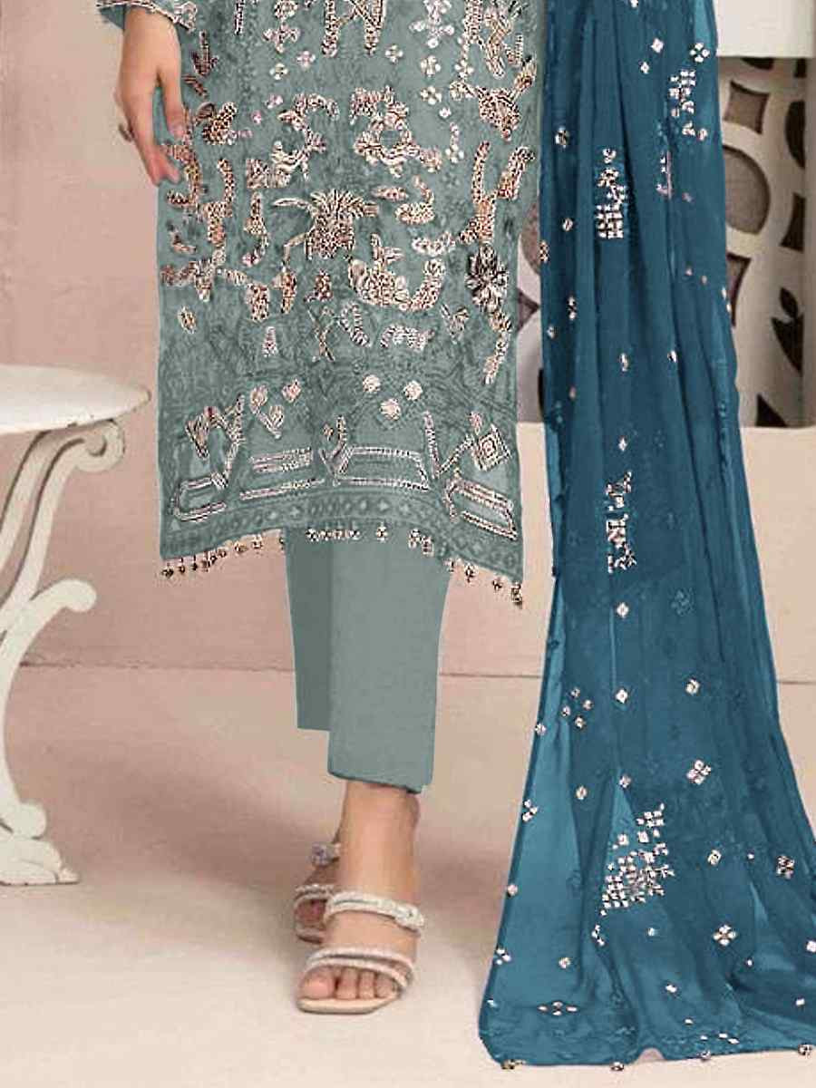 Sea Blue Heavy Faux Georgette Embroidered Festival Wedding Pant Salwar Kameez