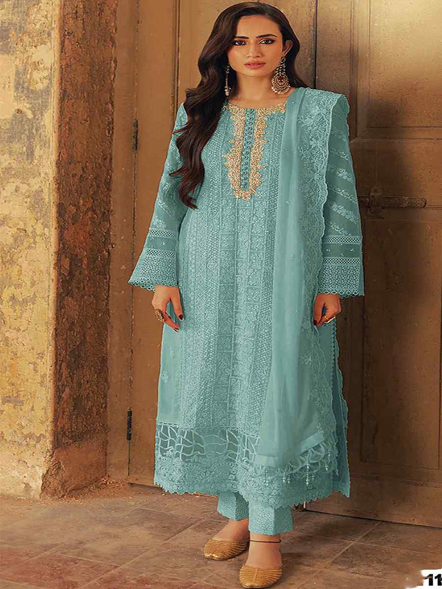 Sea Blue Heavy Faux Georgette Embroidered Festival Wedding Pant Salwar Kameez