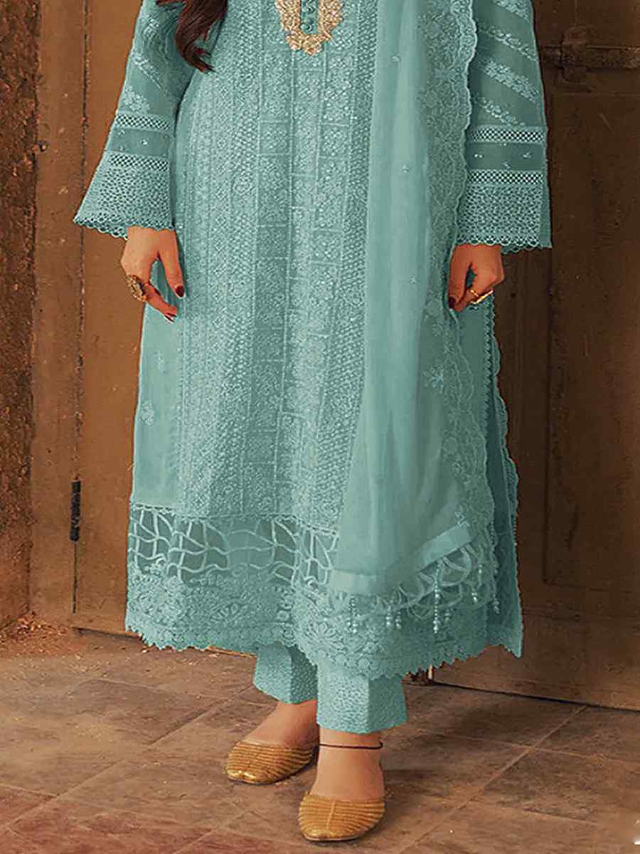 Sea Blue Heavy Faux Georgette Embroidered Festival Wedding Pant Salwar Kameez