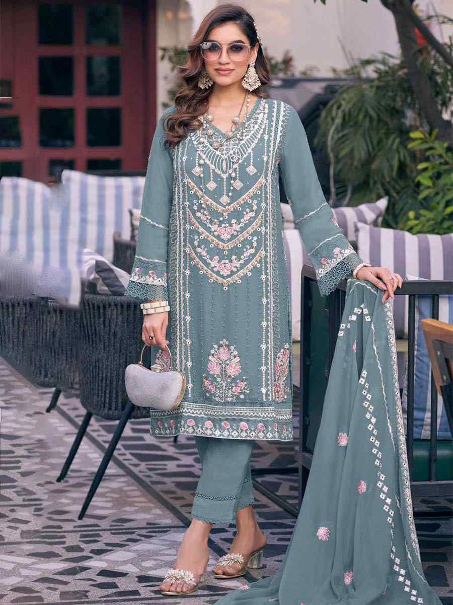 Sea Blue Heavy Fuax Georgette Embroidered Festival Wedding Pant Salwar Kameez