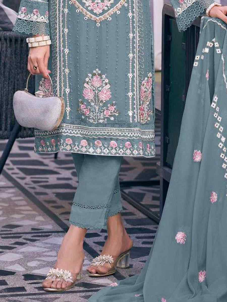 Sea Blue Heavy Fuax Georgette Embroidered Festival Wedding Pant Salwar Kameez