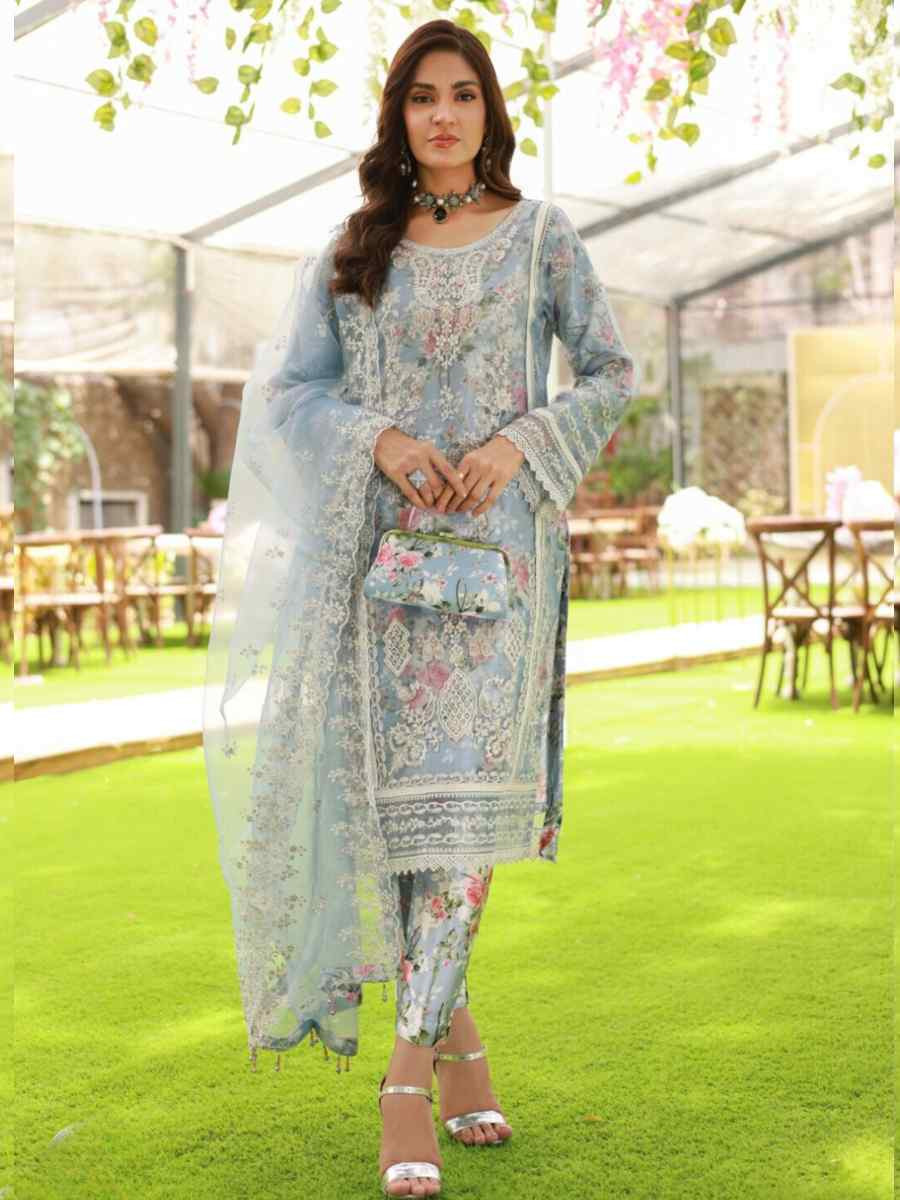 Sea Blue Heavy Orgenza Silk Embroidered Casual Festival Pant Salwar Kameez