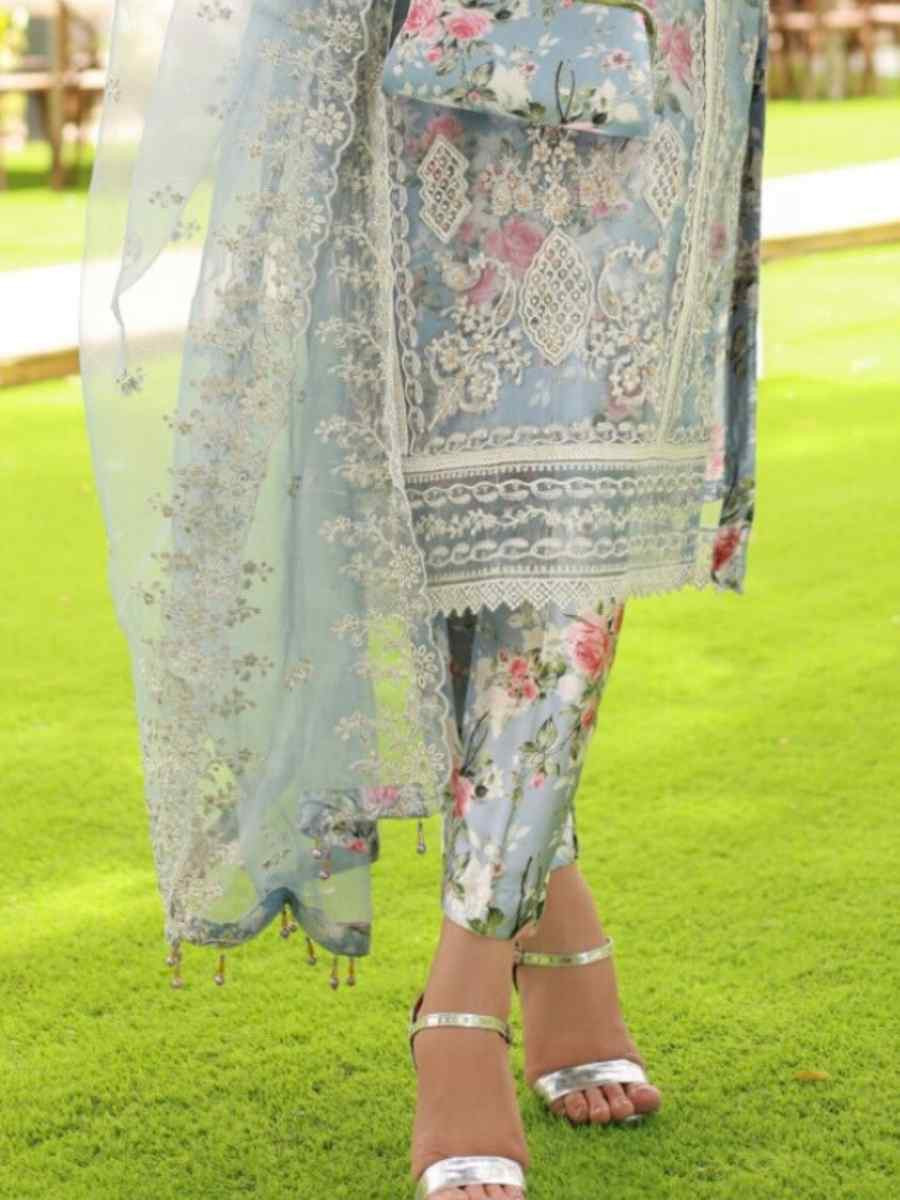 Sea Blue Heavy Orgenza Silk Embroidered Casual Festival Pant Salwar Kameez