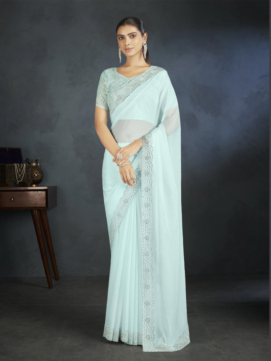 Sea Blue Organza Handwoven Festival Wedding Heavy Border Saree