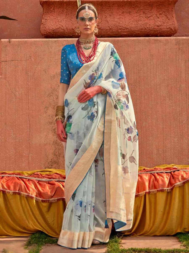 Sea Blue Organza Silk Handwoven Festival Casual Heavy Border Saree