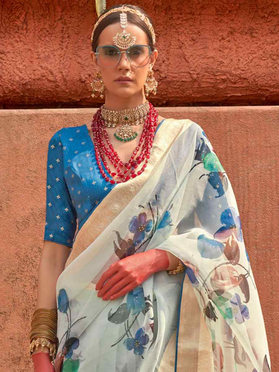 Sea Blue Organza Silk Handwoven Festival Casual Heavy Border Saree