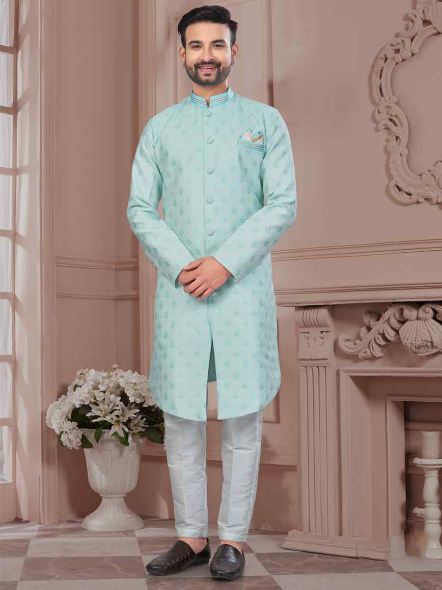 Sea Blue Silk Dupion Embroidered Festival Wedding Sherwani