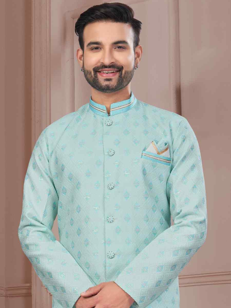 Sea Blue Silk Dupion Embroidered Festival Wedding Sherwani