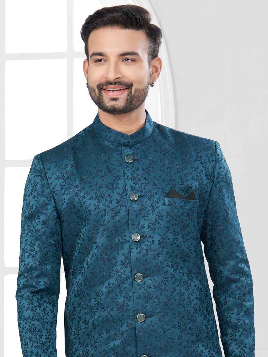 Sea Blue Silk Dupion Embroidered Festival Wedding Sherwani