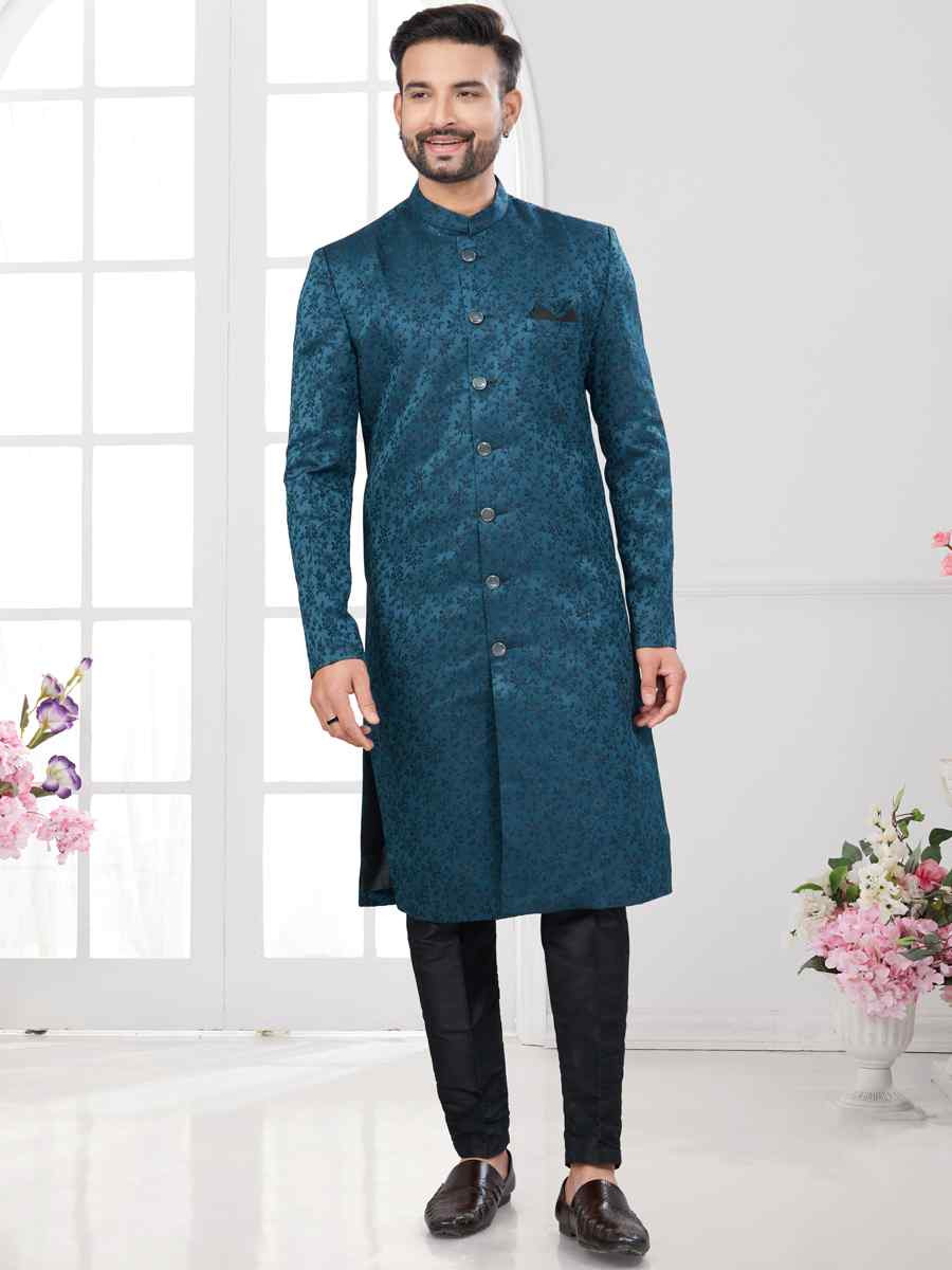 Sea Blue Silk Dupion Embroidered Festival Wedding Sherwani