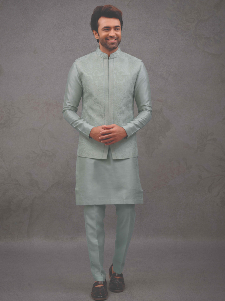 Sea Blue Silk Woven Groom Wedding Kurta