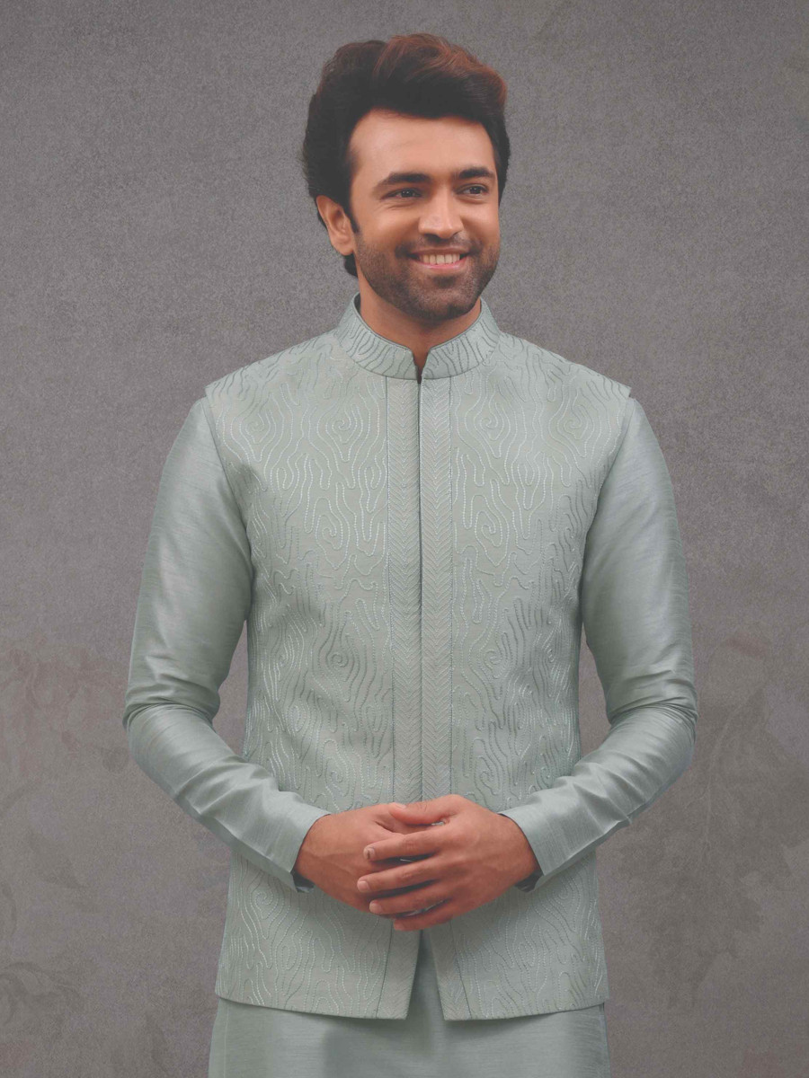 Sea Blue Silk Woven Groom Wedding Kurta