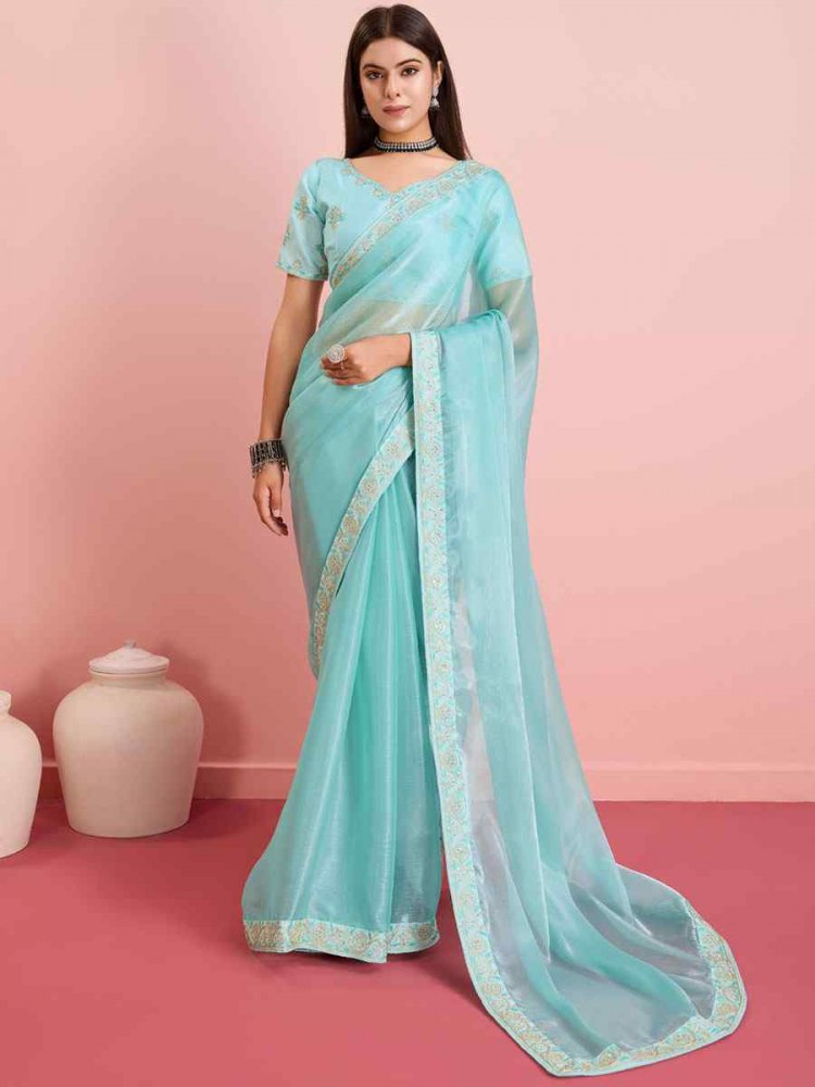 Sea Blue Soft Burberry Embroidered Party Festival Classic Style Saree