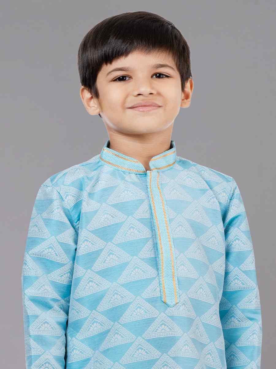 Sea Green  Jacquard Silk Embroidered Festival Traditional Kurta Pyjama Boys Wear