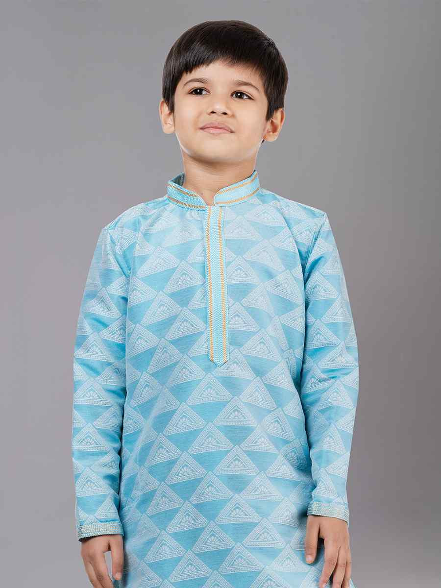 Sea Green  Jacquard Silk Embroidered Festival Traditional Kurta Pyjama Boys Wear