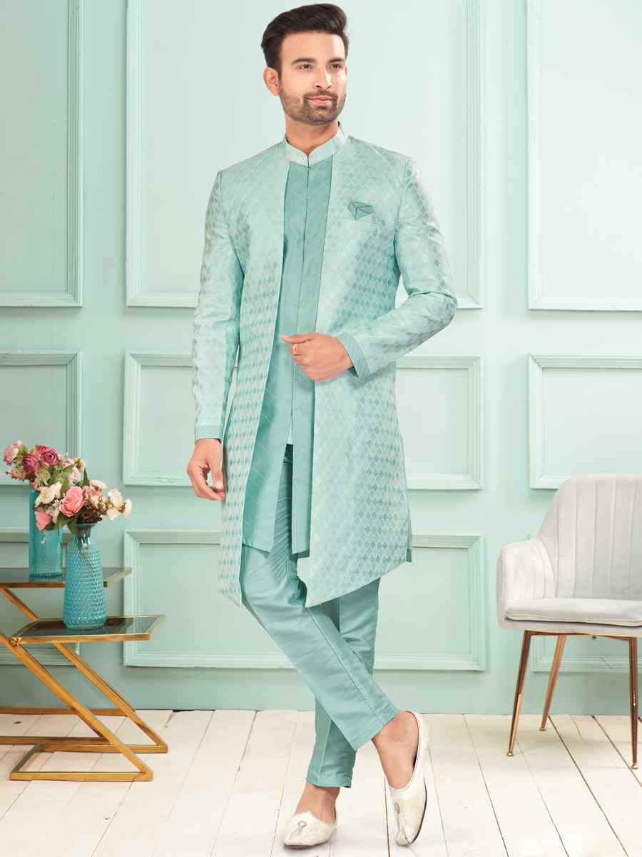 Sea Green Art Silk Embroidered Festival Wedding Kurta