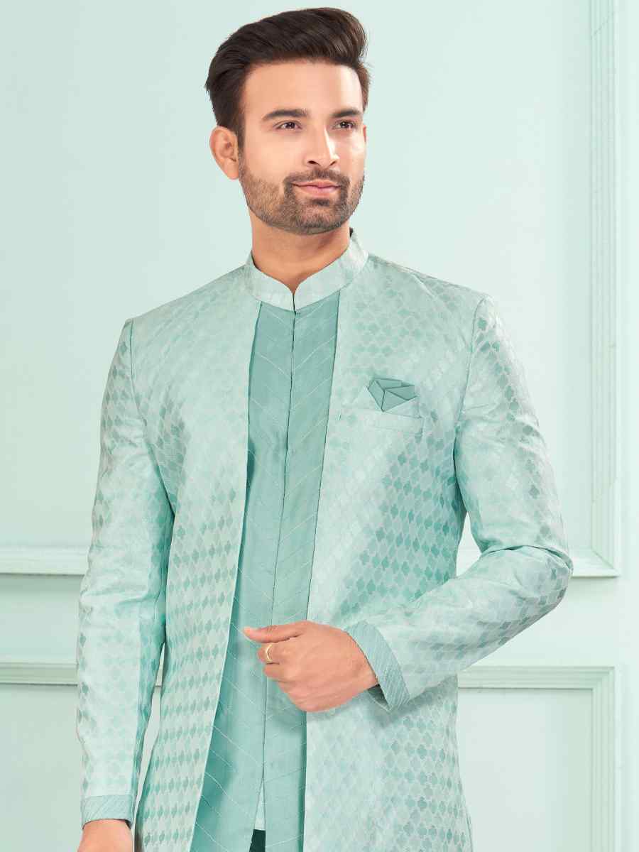 Sea Green Art Silk Embroidered Festival Wedding Kurta