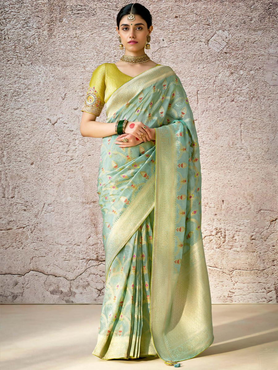 Sea Green Banarasi Silk Embroidered Reception Wedding Heavy Border Saree