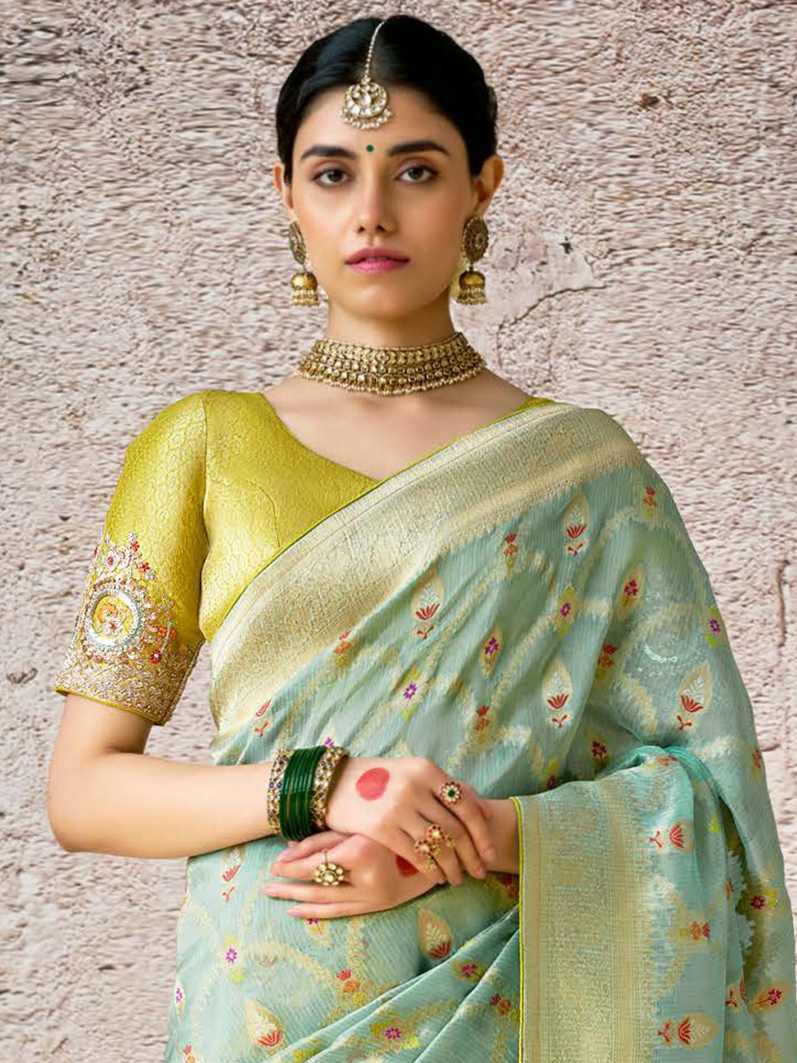 Sea Green Banarasi Silk Embroidered Reception Wedding Heavy Border Saree