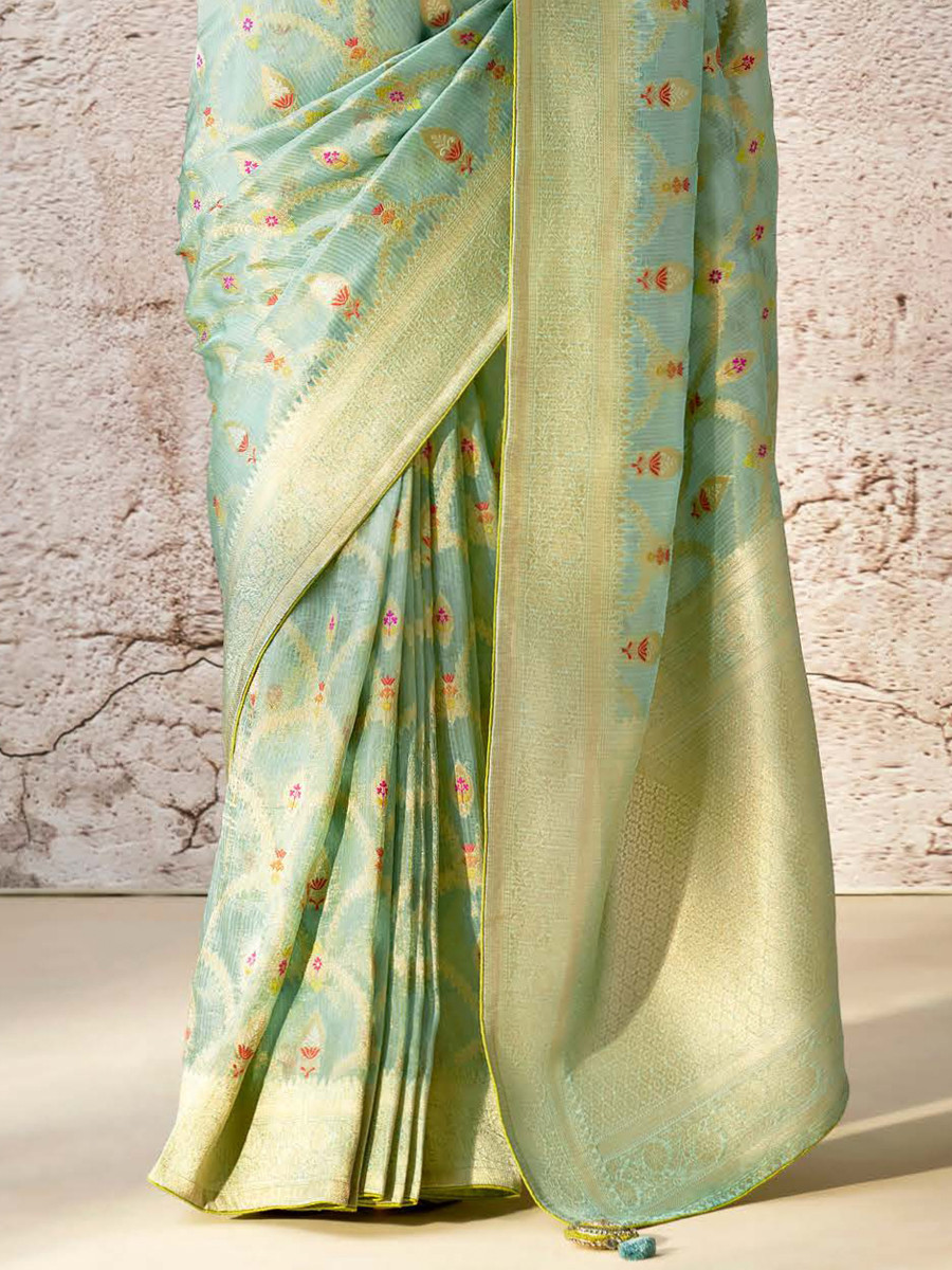 Sea Green Banarasi Silk Embroidered Reception Wedding Heavy Border Saree