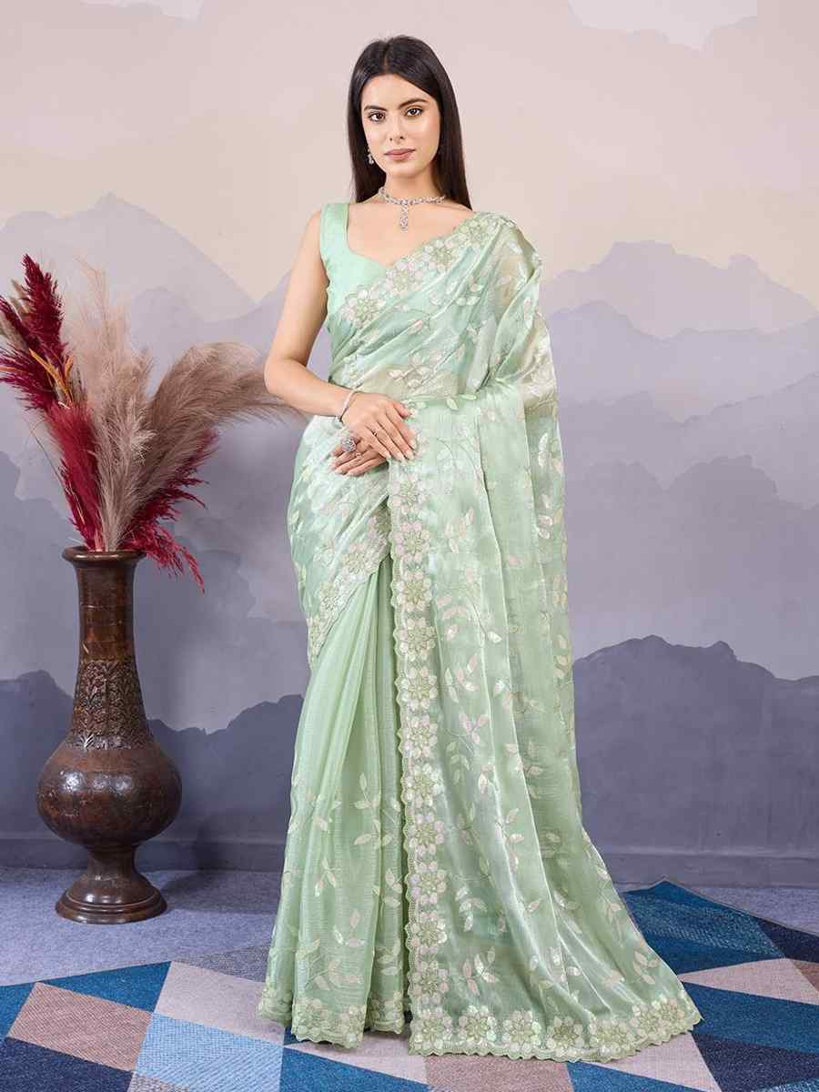 Sea Green Burberry Silk Handwoven Festival Wedding Heavy Border Saree