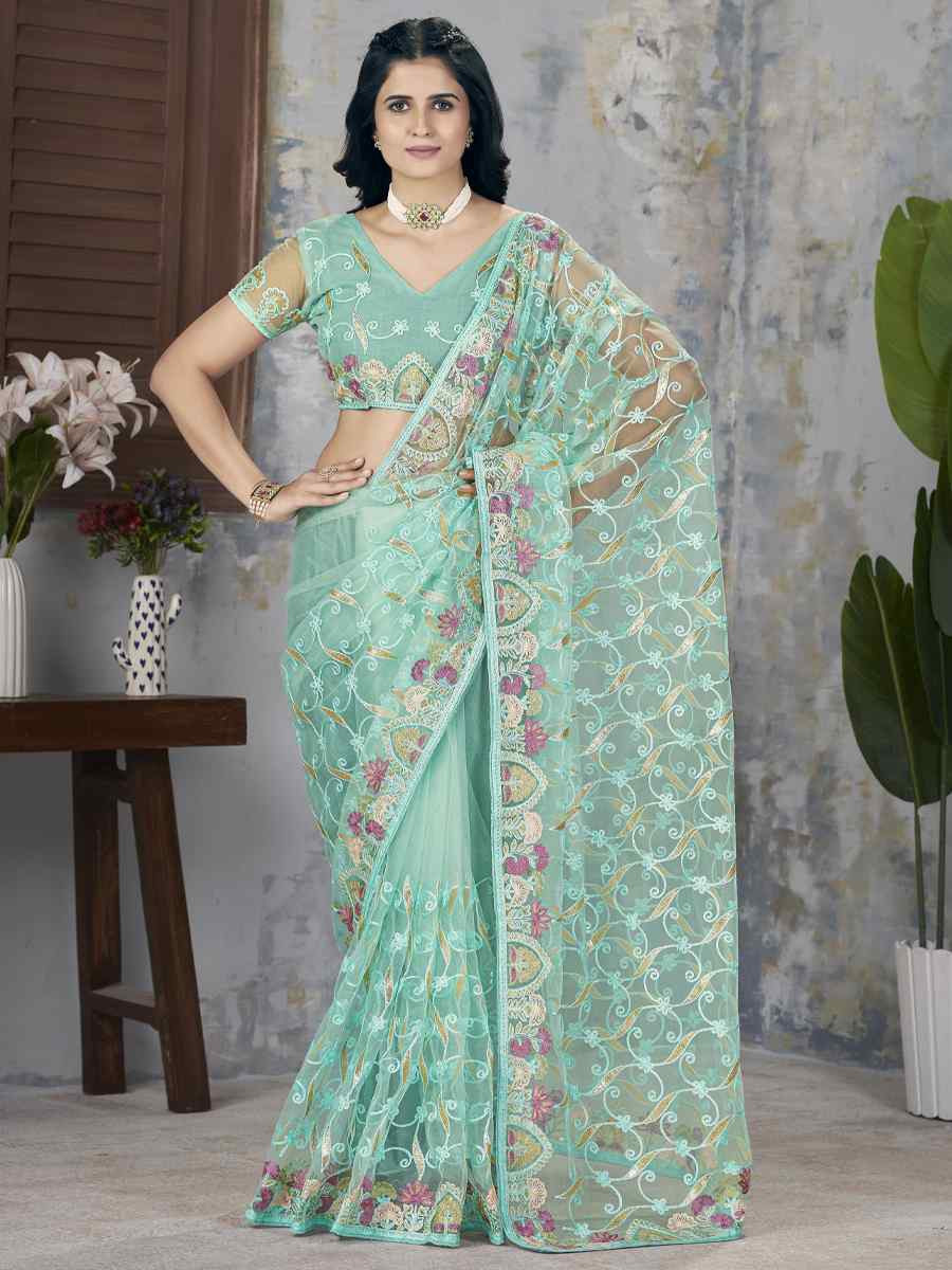 Sea Green Butterfly Net Handwoven Festival Wedding Heavy Border Saree