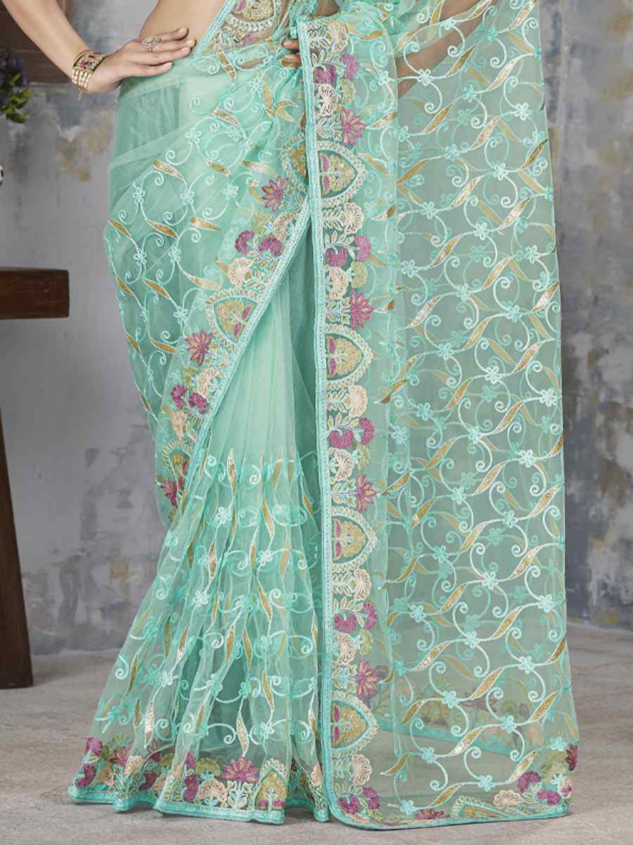 Sea Green Butterfly Net Handwoven Festival Wedding Heavy Border Saree