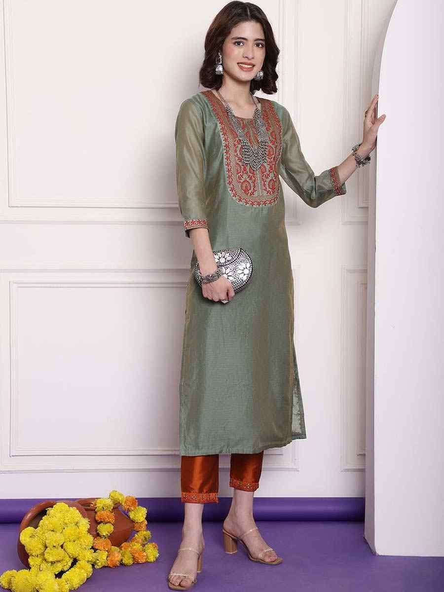 Sea Green Chanderi Embroidered Festival Casual Kurti