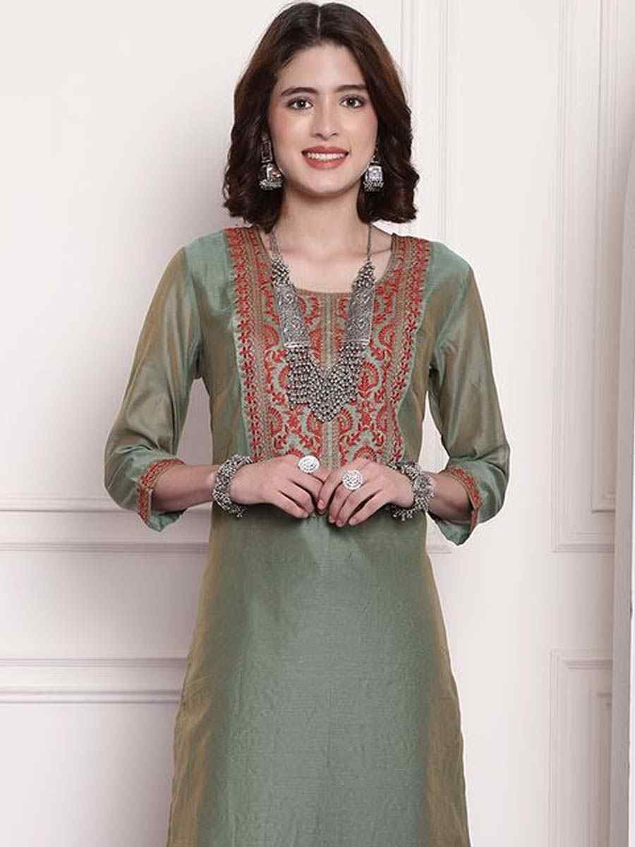 Sea Green Chanderi Embroidered Festival Casual Kurti