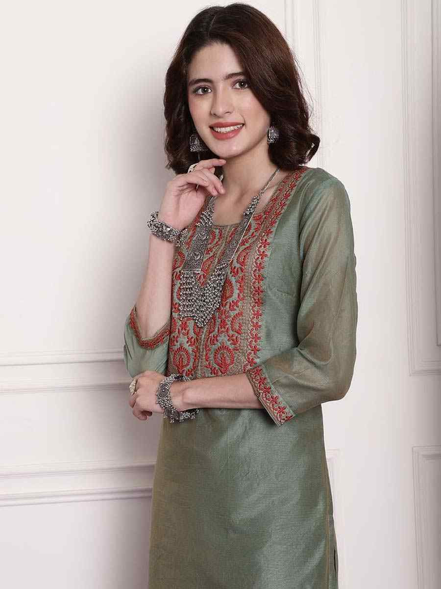 Sea Green Chanderi Embroidered Festival Casual Kurti