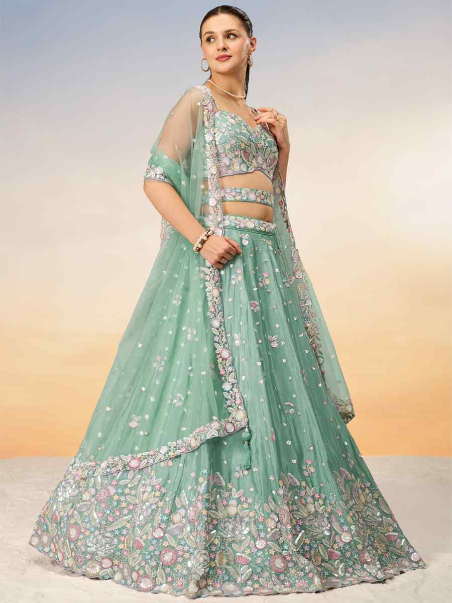 Sea Green Chiffon Embroidery Reception Party Wear Heavy Border Lehenga Choli