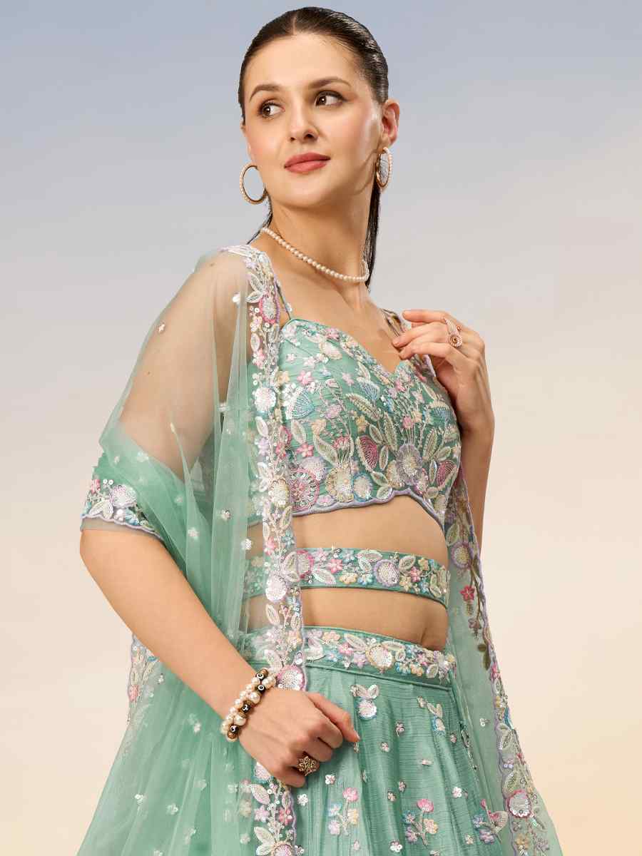 Sea Green Chiffon Embroidery Reception Party Wear Heavy Border Lehenga Choli