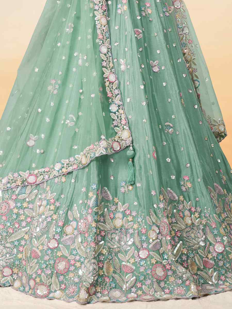 Sea Green Chiffon Embroidery Reception Party Wear Heavy Border Lehenga Choli