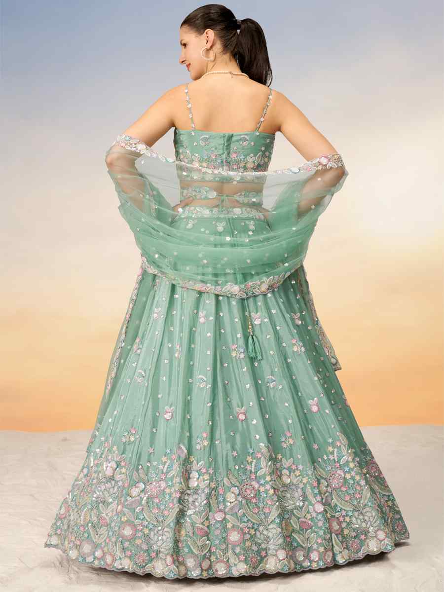 Sea Green Chiffon Embroidery Reception Party Wear Heavy Border Lehenga Choli