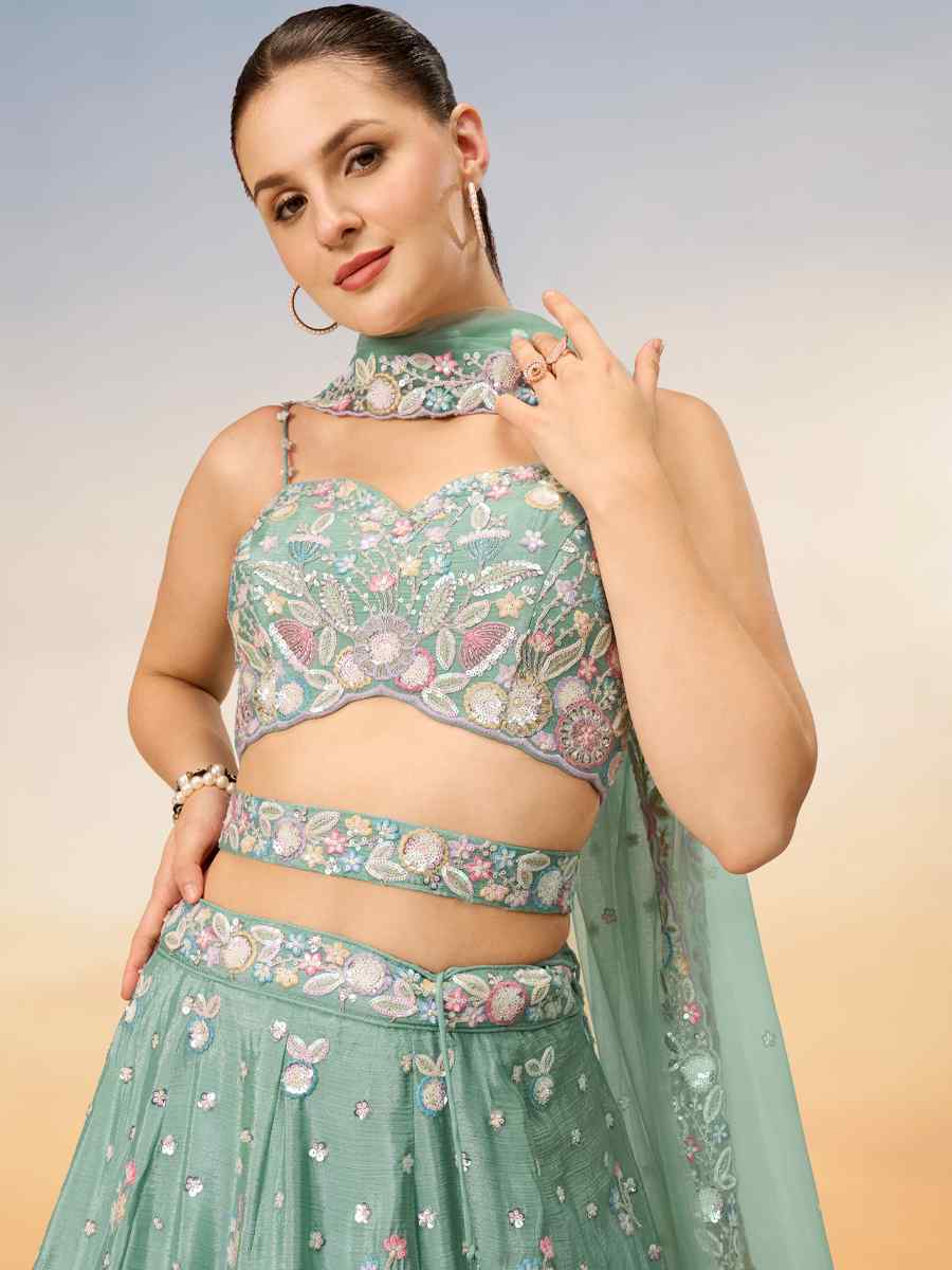 Sea Green Chiffon Embroidery Reception Party Wear Heavy Border Lehenga Choli