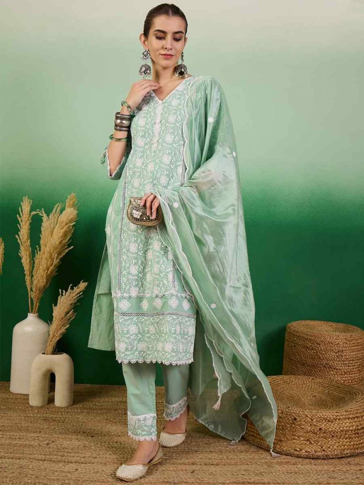 Sea Green Cotton Embroidered Festival Casual Ready Pant Salwar Kameez