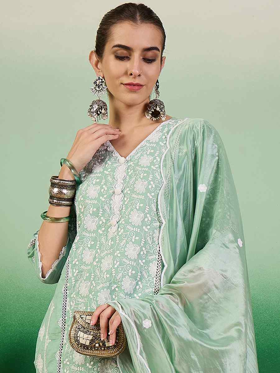 Sea Green Cotton Embroidered Festival Casual Ready Pant Salwar Kameez