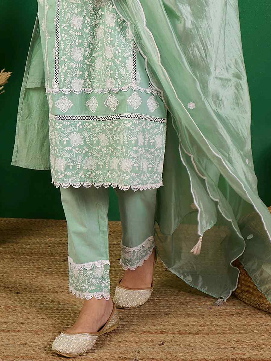 Sea Green Cotton Embroidered Festival Casual Ready Pant Salwar Kameez