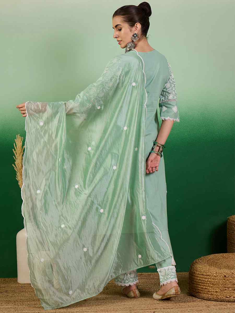 Sea Green Cotton Embroidered Festival Casual Ready Pant Salwar Kameez