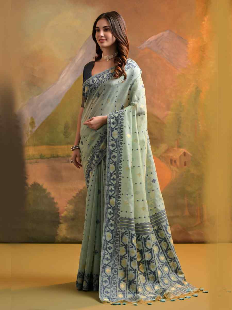 Sea Green Cotton Handwoven Festival Wedding Heavy Border Saree