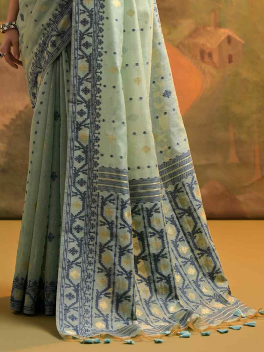 Sea Green Cotton Handwoven Festival Wedding Heavy Border Saree