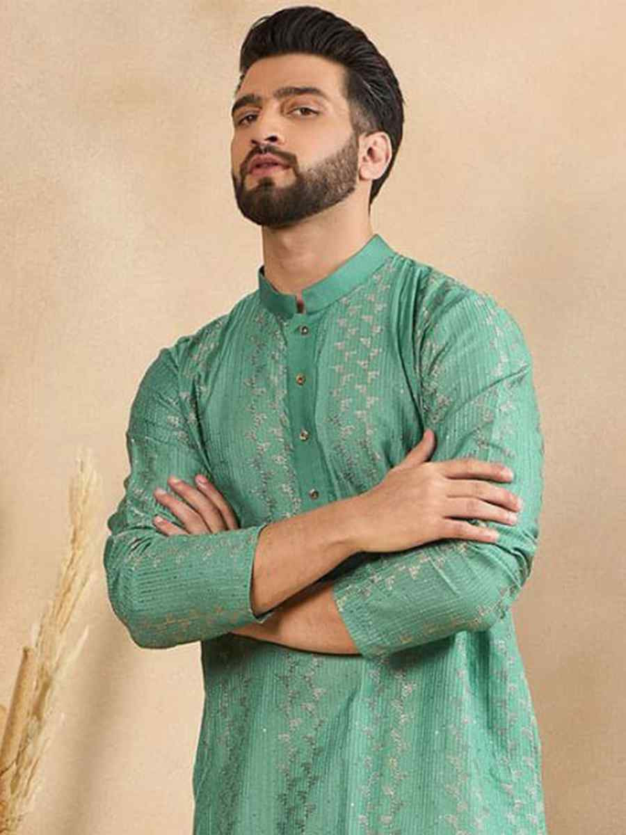 Sea Green Designer Liva Silk Embroidered Festival Casual Kurta