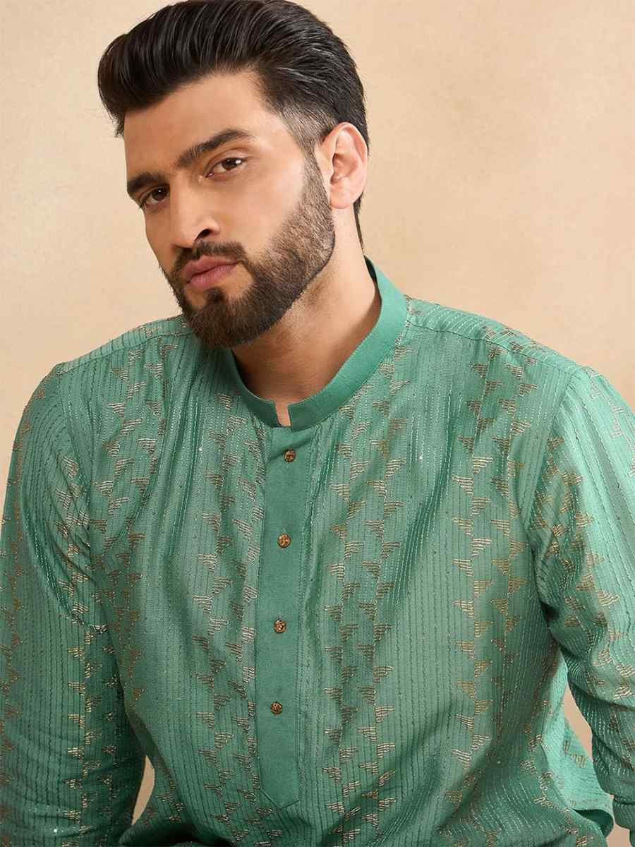 Sea Green Designer Liva Silk Embroidered Festival Casual Kurta