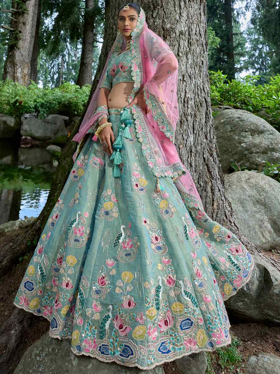 Sea Green Fancy Silk Embroidered Bridal Reception Heavy Border Lehenga Choli